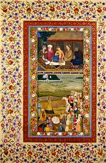 Ms E-14 Young man with his teachers and Payment of tribute to a ruler, miniatures from a Muraqqa alb od Indian School