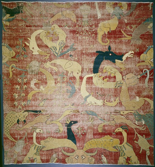 Portion of a carpet with fantastic animals on red ground, Mughal od Indian School