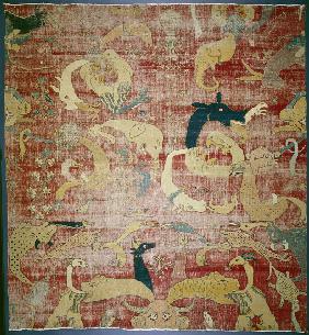 Portion of a carpet with fantastic animals on red ground, Mughal