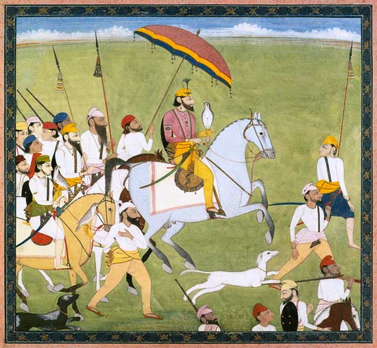 Rajah Dhian Singh (1796-1840) hunting with companions od Indian School