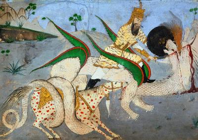 A mounted warrior attacking a dragon, illustration from a book on Indian mystics