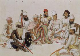 Nine courtiers and servants of the Raja Patiala, c.1817 (pencil & gouache on paper)