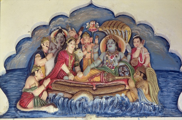 Vishnu Narayana, floating on Sheshanaga (painted relief)  od Indian School