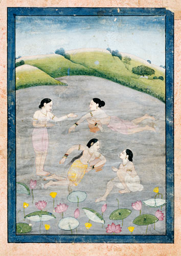 The Wives Of Raga Hindola Swimming In A Lake With The Aid Of Pitchers, The Foreground With Waterlili od Indian School