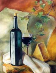 Still life with wine and cheese