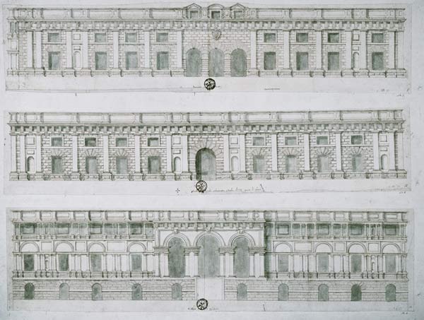 Palazzo del Te, Mantua designed by Giulio Romano, drawing of 3 facades od Ippolito  Andreasi