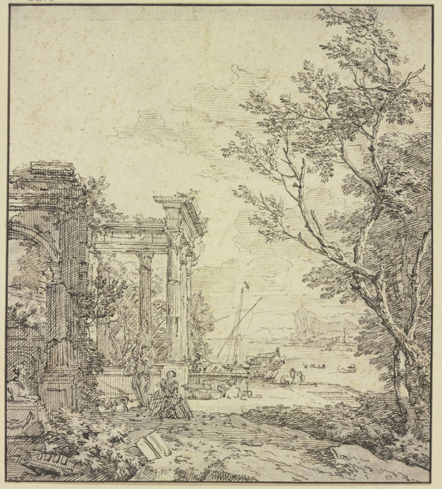 Antike Trümmer an einem Fluss, links eine Sphinx od Isaac de Moucheron