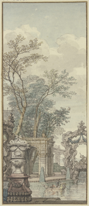 Panneau, Parkansicht mit Wasserwerken und künstlichem Felsen od Isaac de Moucheron