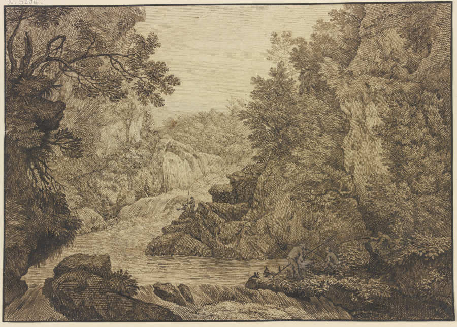 Wasserfall, im Vordergrund drei Angler od Isaac de Moucheron
