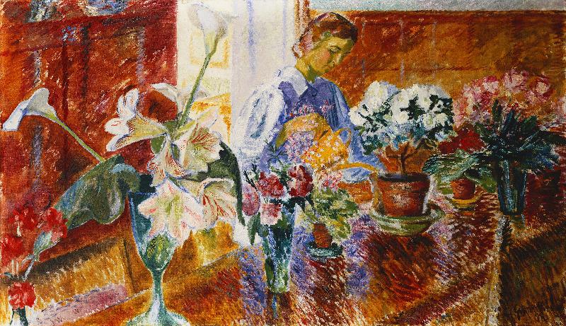 Interieur mit Blumen gießender Frau od Isaac Grunewald
