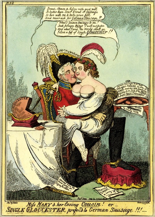 Miss Mary and her Loving Cousin or Single Gloucester Prefer'd to German Sausage! od Isaac Robert Cruikshank
