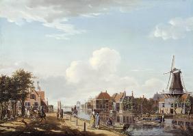 Dutch Canal Scene with Elegant Figures and a Mill