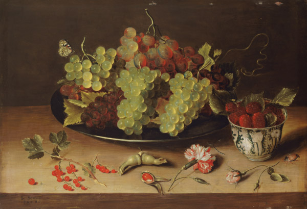 Still life with grapes and porcelain bowl od Isaak Soreau