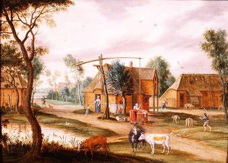 A village landscape with a woman drawing water from a well (panel) od Isaak van Oosten