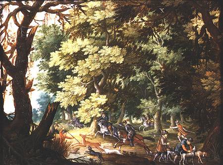 A Wooded Landscape with Hunters and Hounds (oil on copper) od Isaak van Oosten