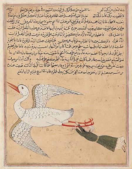 Ms E-7 fol.72a Merchant from Isfahan Flying, from 'The Wonders of the Creation and the Curiosities o od Islamic School
