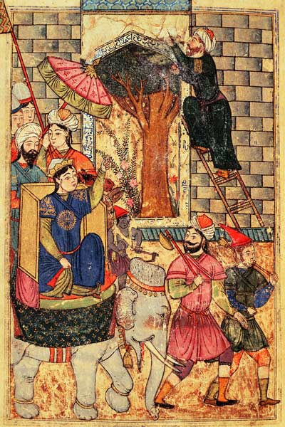 Fol.110 The Sultana leaving the palace, from ''The Book of Kalilah and Dimnah'' (ink and opaque w/c  od Islamic School