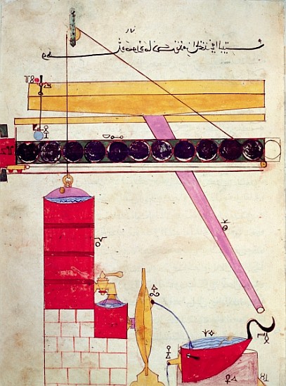 Device for supplying water to a fountain, from ''Book of Knowledge of Ingenious Mechanical Devices'' od Islamic School