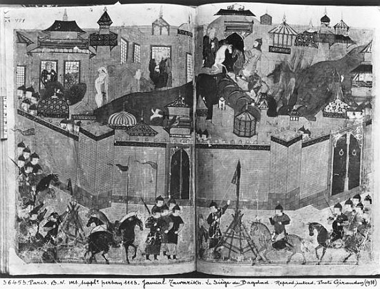 Ms Suppl Persan 1113 f.180-181 Mongols under the leadership of Hulagu Khan storming and capturing Ba od Islamic School