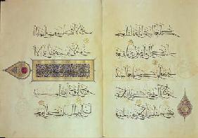 Two pages from a Koran manuscript, illuminated by Mohammad ebn Aibak with calligraphy by Ahmad ebn S