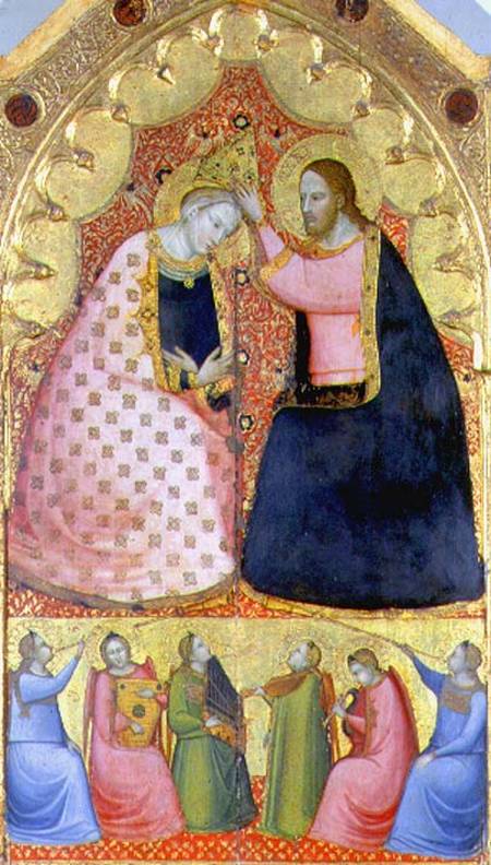 Coronation of the Virgin, altarpiece with a predella panel depicting angels playing musical instrume od Scuola pittorica italiana