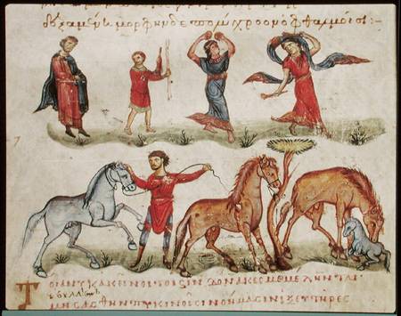 Ms Grec 479 Horse Trainers, illustration from the Halieutica or the Cynegetica by Oppian od Scuola pittorica italiana
