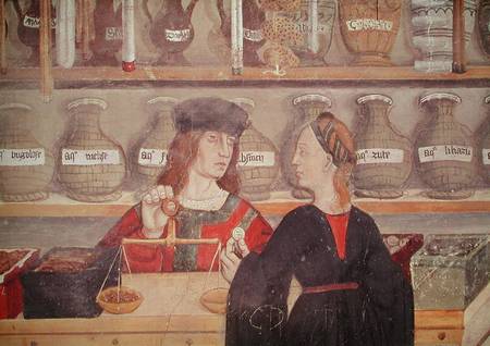 Interior of a Pharmacy, detail of the shopkeeper weighing produce od Scuola pittorica italiana