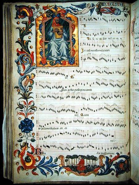 Page of musical notation with historiated initial, produced at the Florentine monastery of S. Maria od Scuola pittorica italiana