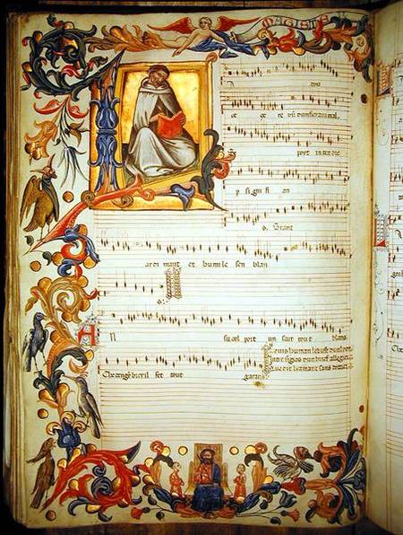 Page of musical notation with a historiated initial, produced at the Florentine monastery of S. Mari od Scuola pittorica italiana