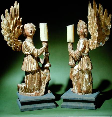Pair of carved candlesticks (polychrome oak) od Scuola pittorica italiana