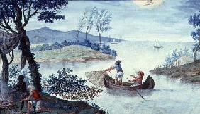 Fishing scene depicting the month of July, one of a series of twelve