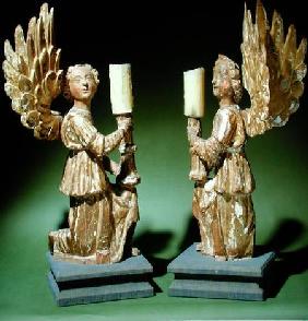 Pair of carved candlesticks (polychrome oak)
