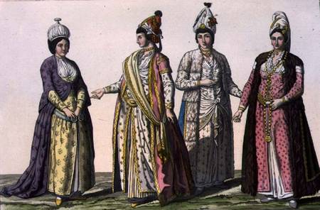 Three women in (LtoR) winter, spring and summer fashions and one in fashion for pregnancy, plate 59 od Scuola pittorica italiana