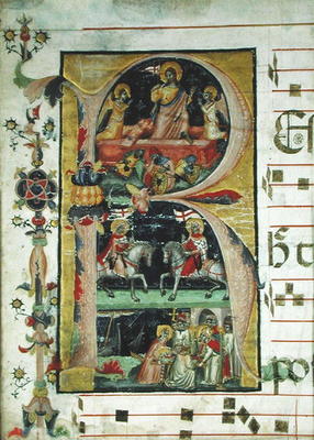 Historiated initial 'R' depicting the resurrection, two knight saints and a bishop saint receiving r od Italian School, (14th century)
