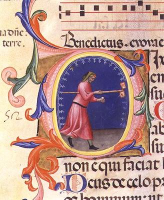 Ms 559 f.113v Historiated initial 'O' depicting St. Joseph holding a rod with two flags decorated wi od Italian School, (14th century)