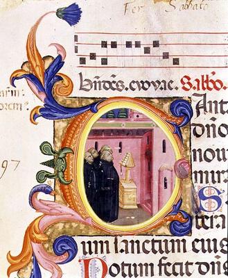 Ms 559 f.176f Historiated initial 'C' depicting monks looking at a text, from the Psalter of Santa M od Italian School, (14th century)
