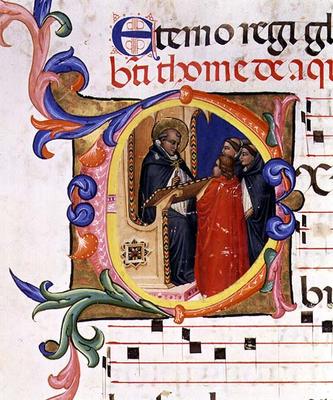 Ms 559 f.285v Historiated initial 'O' depicting a monk at a lectern conversing with other monks, fro od Italian School, (14th century)