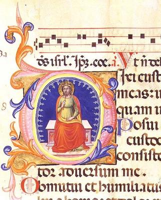 Ms 559 f.38v Historiated initial 'O' depicting St. Matthew, from the Psalter of Santa Maria Novella, od Italian School, (14th century)