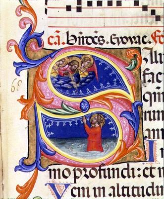 P 68 V Historiated initial 'S' depicting a male saint in water praying to angels above, Italian, 14t od Italian School, (14th century)