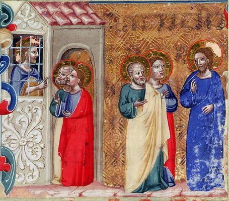 St. John imprisoned and sending two disciples to Christ (vellum) od Italian School, (14th century)