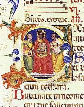 Ms. 559 f.155v Historiated initial 'O' depicting King David and two angels, from the Psalter of Sant