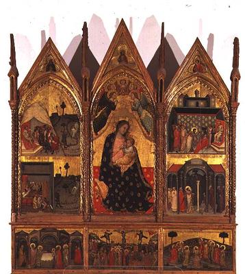 Triptych: Madonna and Child Enthroned flanked by scenes from the life of St. Bartholomew with a pred od Italian School, (14th century)