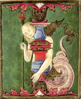 Historiated initial 'I' depicting a Winged Mermaid (vellum) od Italian School, (15th century)