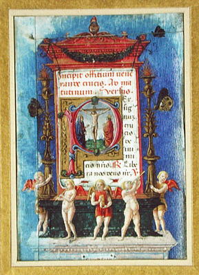 Historiated initial 'P' depicitng the Crucifixion, page from a Book of Hours (vellum) od Italian School, (15th century)
