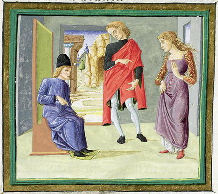Man and woman before their judge, from 'Decretum Gratiani' (vellum) od Italian School, (15th century)