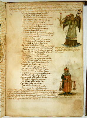 Ms Ital 483 P.4.7 f.157r Virgo and Libra, from the 'Dittamondo' by Fazio degli Uberti (vellum) od Italian School, (15th century)