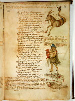 Ms Ital 483 P.4.7 f.158r Capricorn, Aquarius and Pisces, from the 'Dittamondo' by Fazio degli Uberti od Italian School, (15th century)