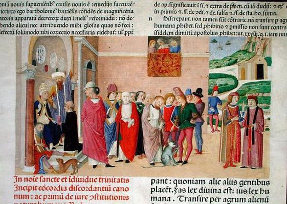 Presentation of the work to the Pope, from 'Decretum Gratiani' (vellum) od Italian School, (15th century)