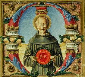 Historiated initial 'M' depicting St. Bernardino of Siena (vellum)