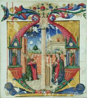 Historiated initial 'M' depicting the Annunciation, c.1475 (vellum)
